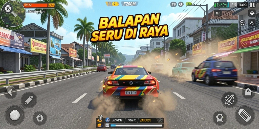 Tampilan gameplay F200M yang mendebarkan dengan mobil balap melaju kencang.