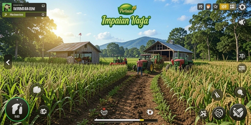 Tampilan gameplay HR89 dengan ladang yang subur dan aktifitas berkebun.