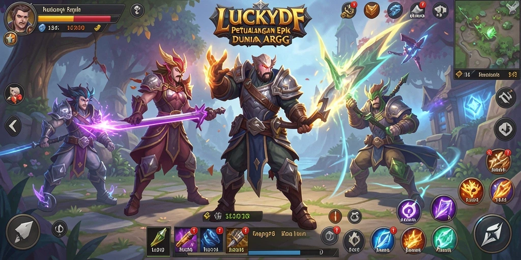 Tampilan gameplay menegangkan dalam dunia LUCKYDF yang cerah dan penuh aksi.