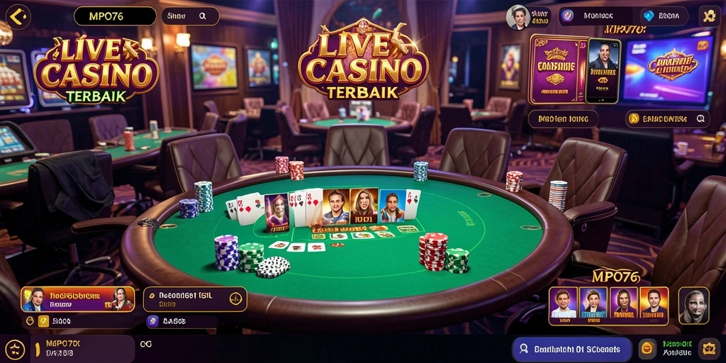 Screenshot gameplay MPO76 menunjukkan dealer dan pemain dalam aksi kasino langsung.