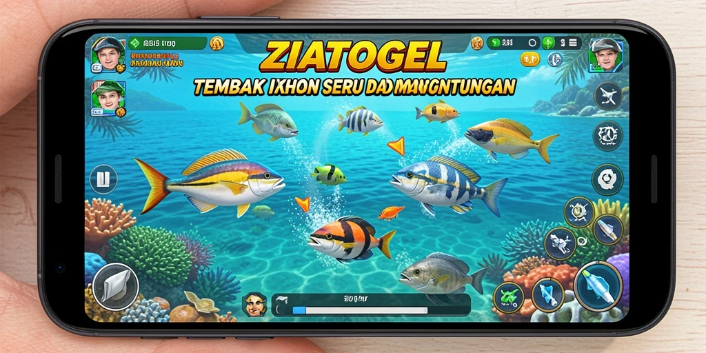 Gameplay ZIATOGEL yang menampilkan aksi tembak ikan yang seru.